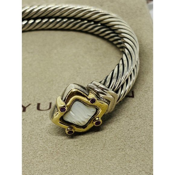 David Yurman Double Cable Sterling 18K Quatrefoil Carved Mother Pearl Bracelet - Picture 6 of 10